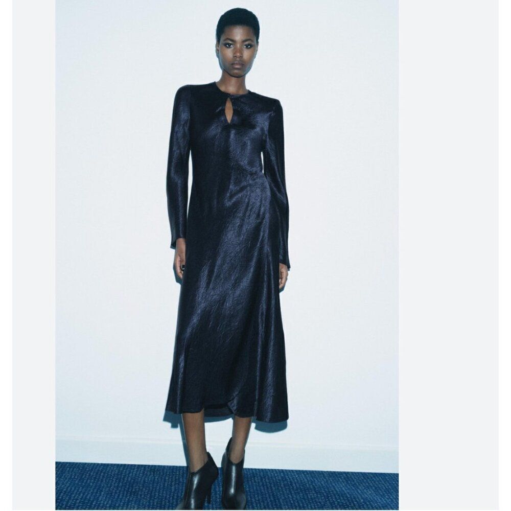 Zara Women Dress S Small Satin Midi Long Sleeve Navy Blue self tie 4786/278 NWT